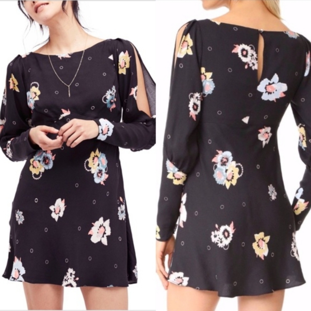 Free People Sunshadows Washed Black Floral Print Mini Dress Size 6
